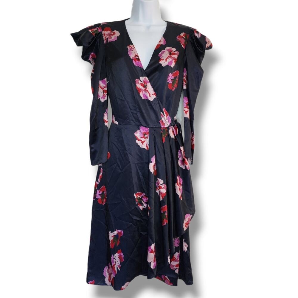 Joie Miltona Navy Floral Satin Wrap Midi Dress Women’s Size Small